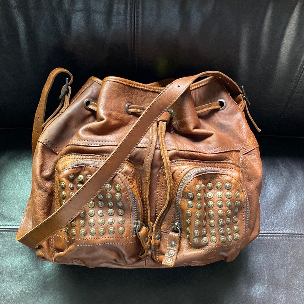 NWT FRYE Brooke Cognac Brown Leather Studded Shoulder/Crossbody Bag